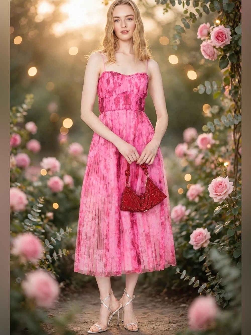 ML Monique Lhuillier 
Tulle Dress Pink Floral Midi Dress size 10